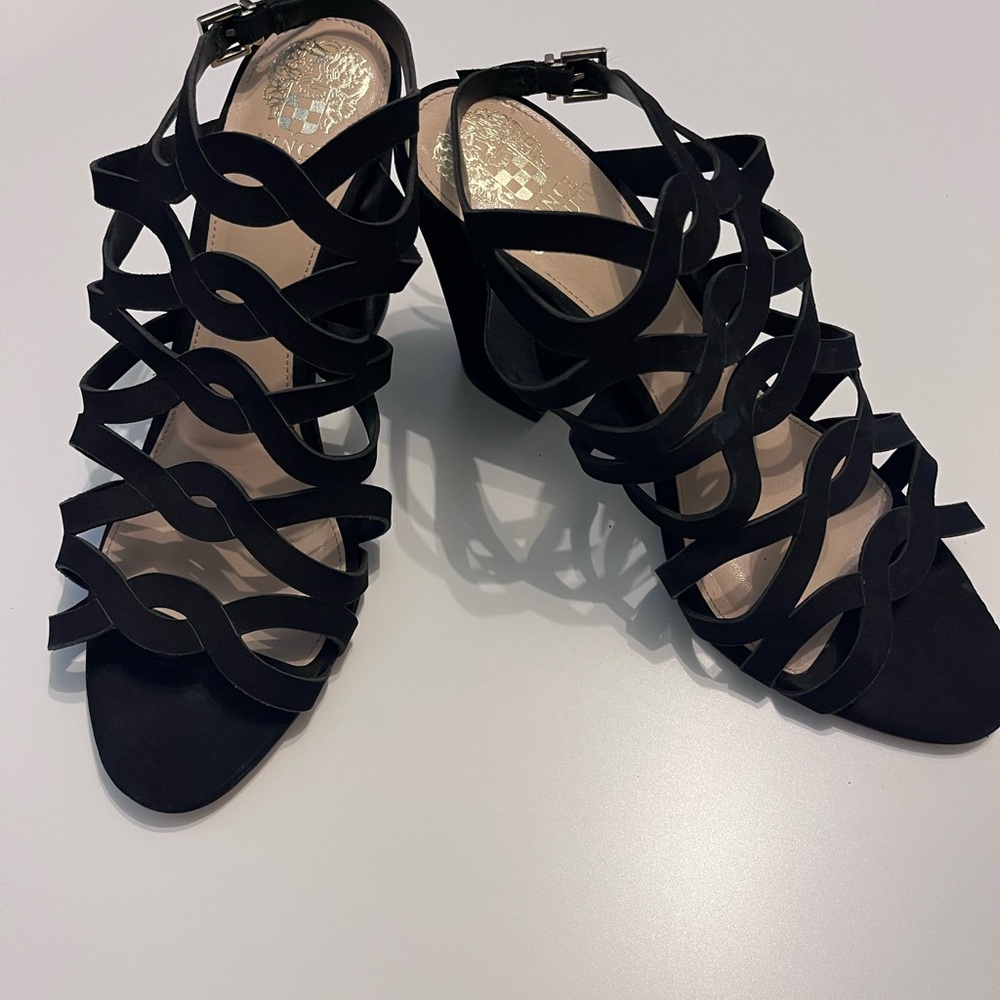 Vince Camuto VC Norla Strappy Black Suede Block Heel Sandals, Size 10 Like New
